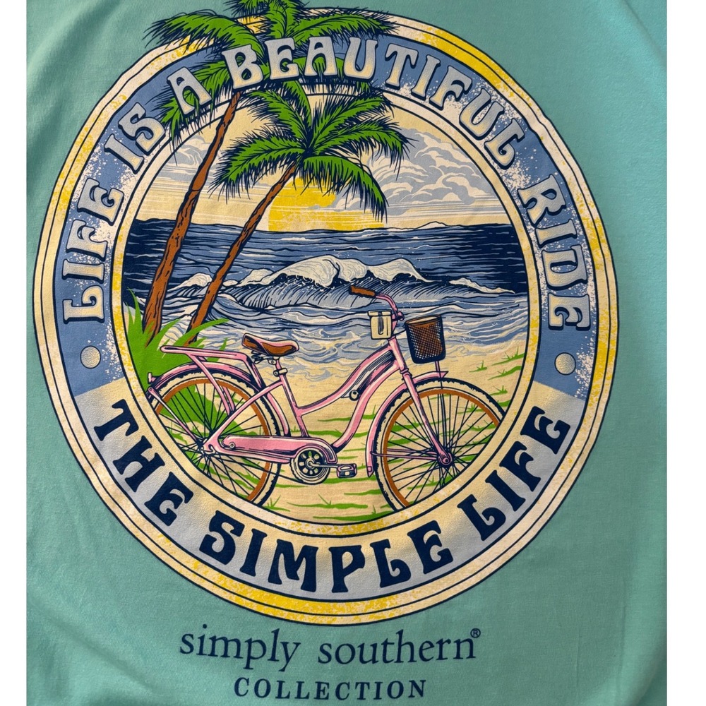 Simply Southern T-Shirt Womens L Turquoise Graphic Beach Bicycle Good Preowned